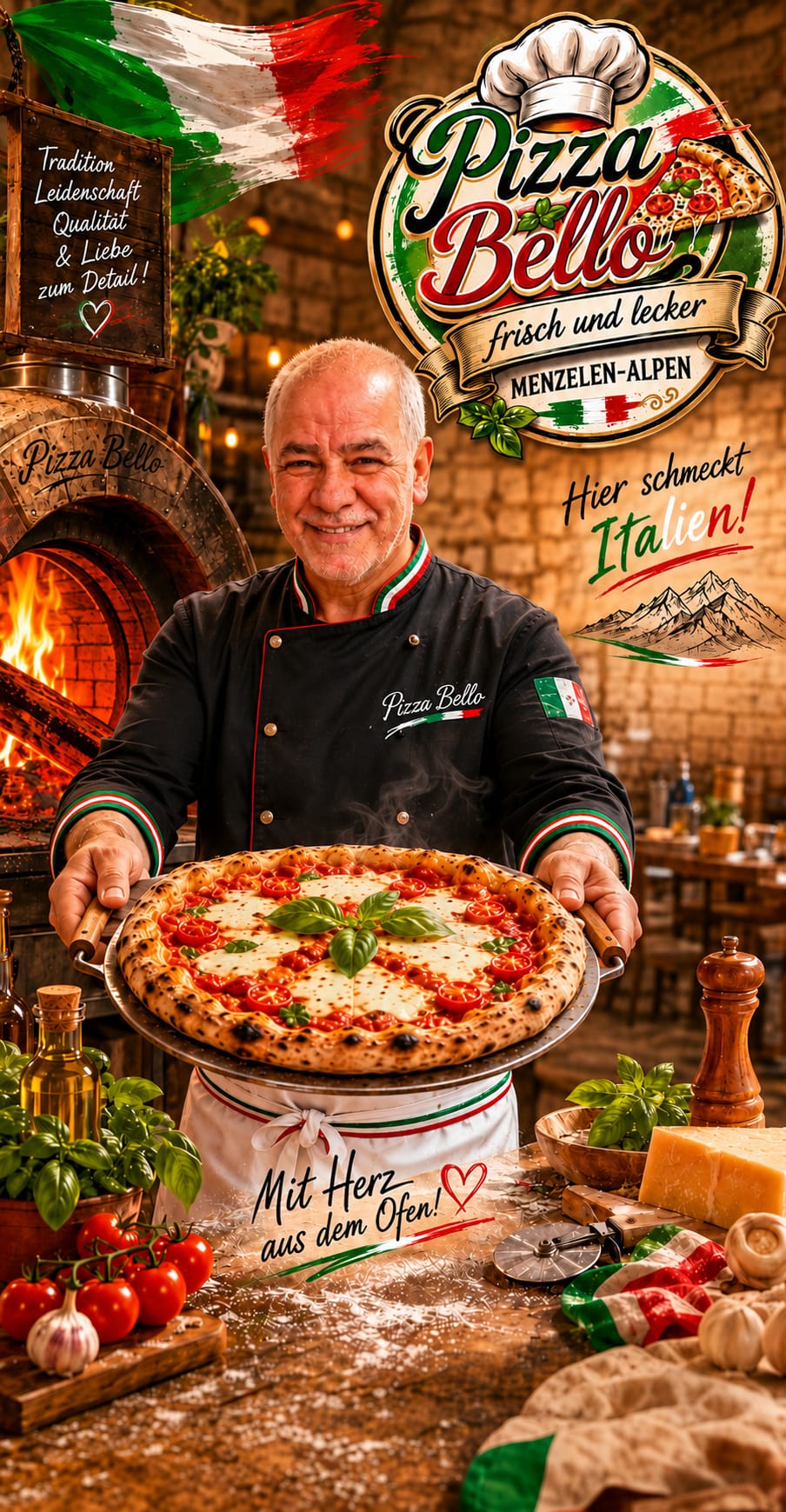 Bello-Küchenchef mit frisch gebackener Pizza und dem Pizzeria-Bello-Logo